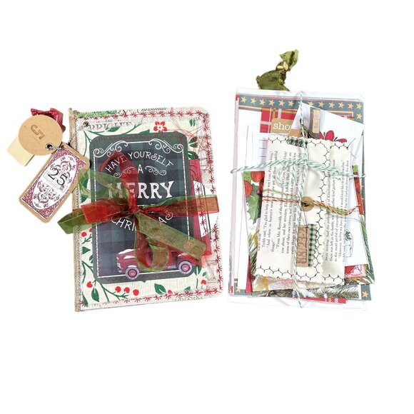 Christmas Junk Journal  With Charm u Washi  Fabric Wrap Tons Ephemera Handmade 5 - Picture 1 of 16